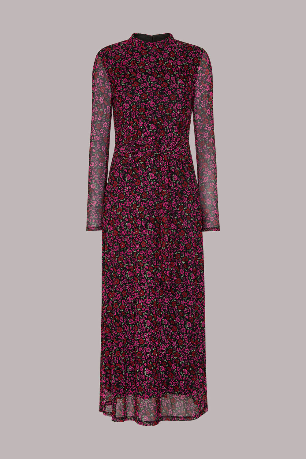 Pink Outlined Floral Tie Mesh Dress